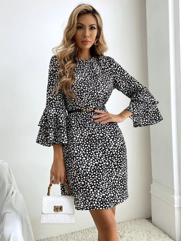 Seasonal Sale – Shop Now!KittenAlarm - Geo Print Ruffle Sleeve Dress without Belt