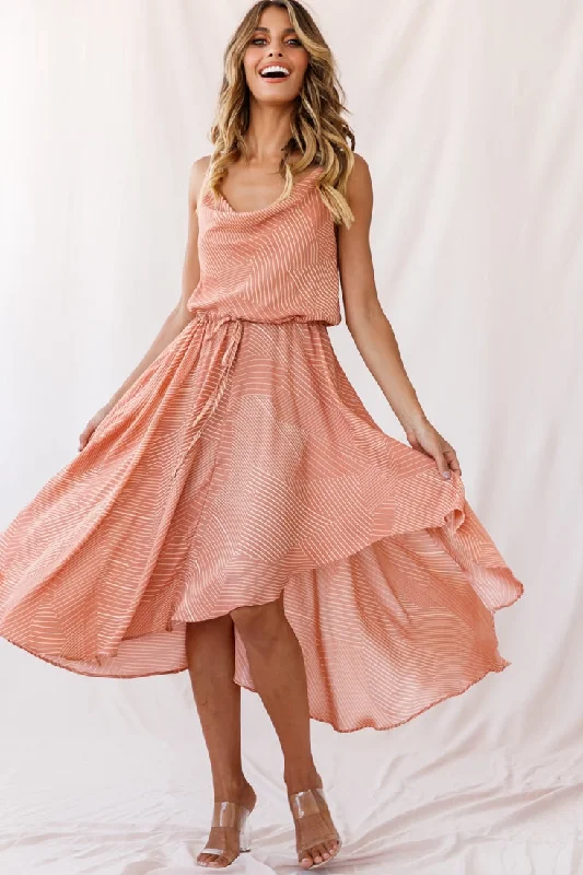 Snag the Best Prices Now!Ava Cowl Neck Drawstring Midi Dress Line Print Nude