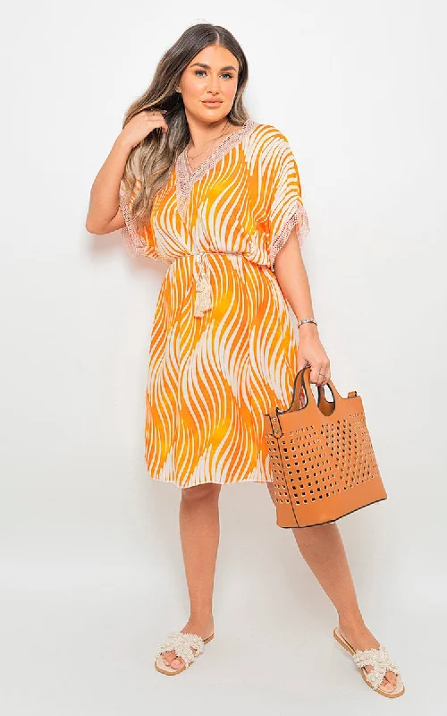 Find the Best Deals Here!Belted Lace Panel Printed Mini Dress