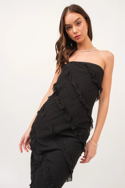 Limited Stock Available!Black Asymmetrical Ruffle Maxi