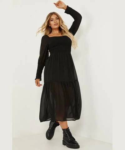 Every Deal is a Steal!Black Chiffon Shirred Tiered Midi Dress