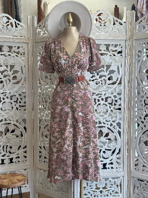 Hurry! While Supplies Last!Brown Floral Midi Dress-  Not Stretchy