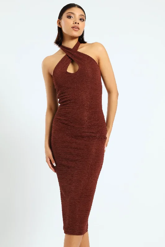 Limited Deals, Unlimited Savings!Bust Keyhole Halter Neck Maxi Dress - Brown