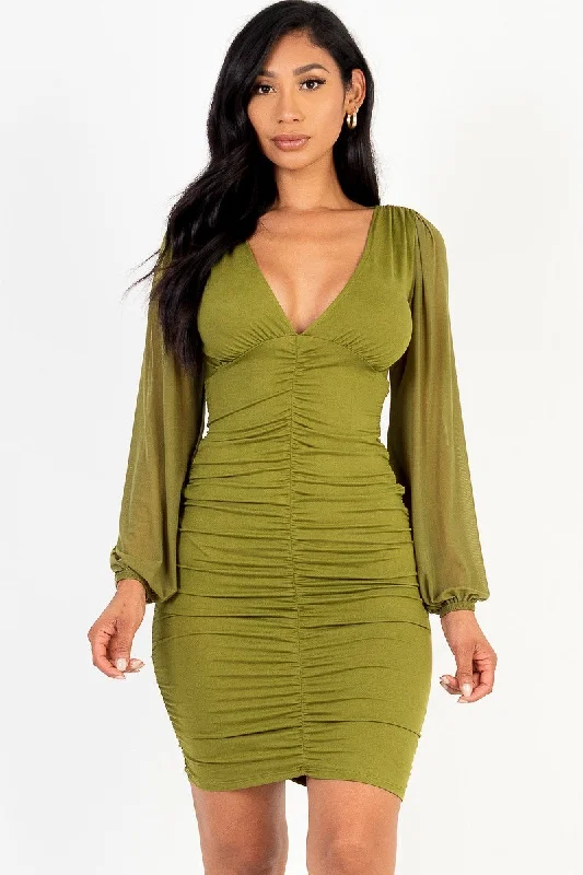 Savings You Can’t Ignore!Ruched mesh long sleeve v-neck mini dress