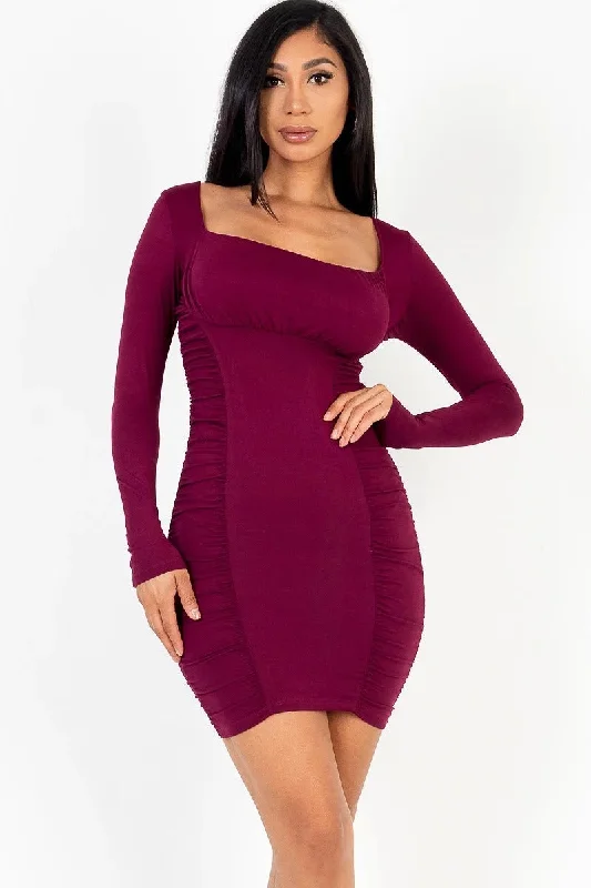 Stock Up and Save!U-neck long sleeve ruched bodycon mini dress