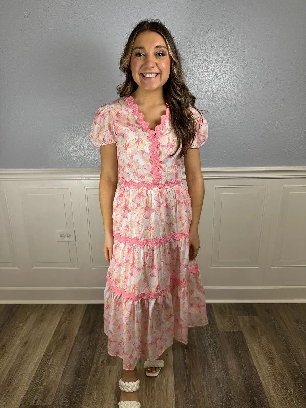 Flash Sale – Act Fast!Pink floral midi dress w/ rick rack trim