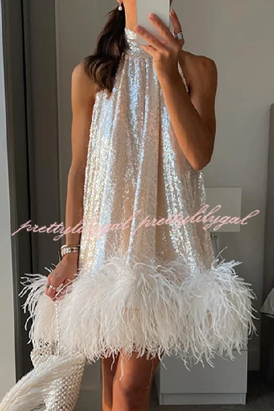 One Click Away from Big Savings!Dancefloor Elf Sequin Feather Trim High Neck A-line Mini Dress One Click Away from Big Savings!Dancefloor Elf Sequin Feather Trim High Neck A-line Mini Dress