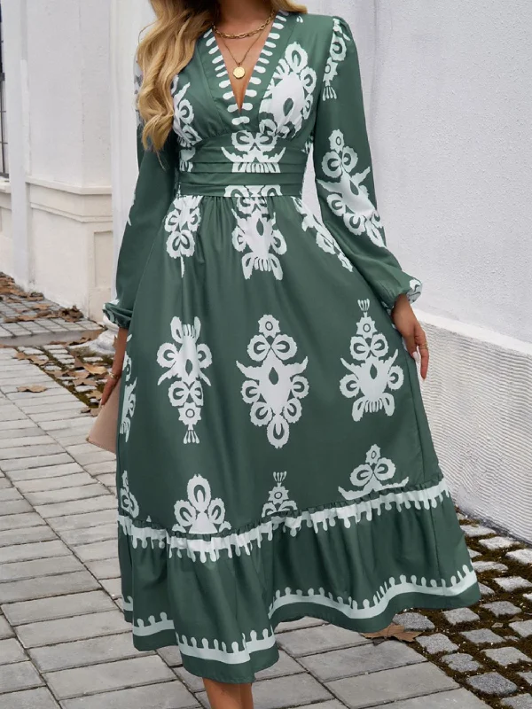 Don’t Wait – Deals Won’t Last!Devine Ruffled Printed Plunge Long Sleeve Dress