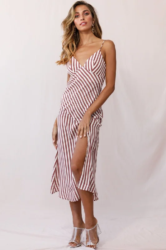 Amazing Prices You Can’t Resist!Downtown Cami Strap Front Split Midi Dress Stripe Print Rose