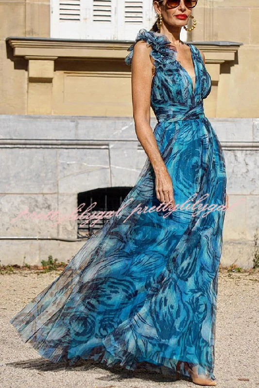 Hurry, Sale Ends Soon!Elegant Romance Tulle Printed Pleated Flower Pendant Maxi Dress Hurry, Sale Ends Soon!Elegant Romance Tulle Printed Pleated Flower Pendant Maxi Dress