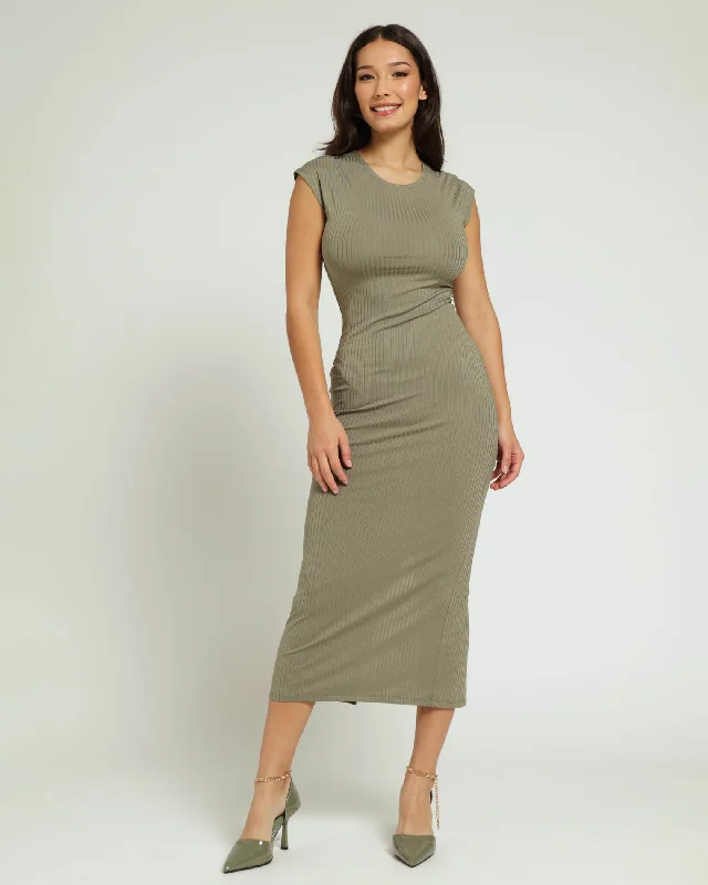 Find the Best Deals Here!Extended Shoulder Ribb Maxi Dress - Fatigue