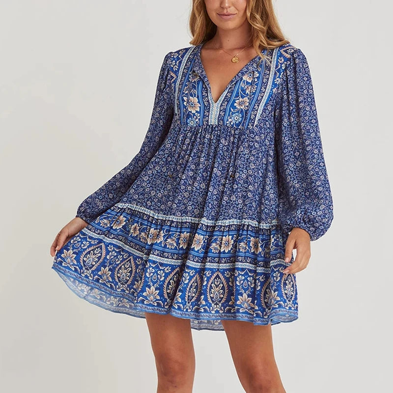 Steals and Deals Await!FashionSierra-Blue Cotton Floral Print Tunic Mini Women Long Sleeve Robe Autumn Short Femme Vintage Loose Vestidos Boho Dress Steals and Deals Await!FashionSierra-Blue Cotton Floral Print Tunic Mini Women Long Sleeve Robe Autumn Short Femme Vintage Loose Vestidos Boho Dress