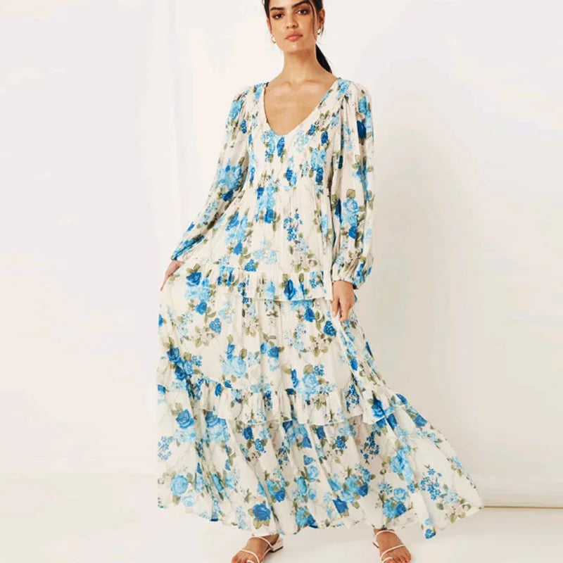 One Click Away from Big Savings!FashionSierra-Cotton Rayon Floral Print Maxi Vintage Shirred Chest Ruffles Long Sleeve Autumn Boho Dress One Click Away from Big Savings!FashionSierra-Cotton Rayon Floral Print Maxi Vintage Shirred Chest Ruffles Long Sleeve Autumn Boho Dress
