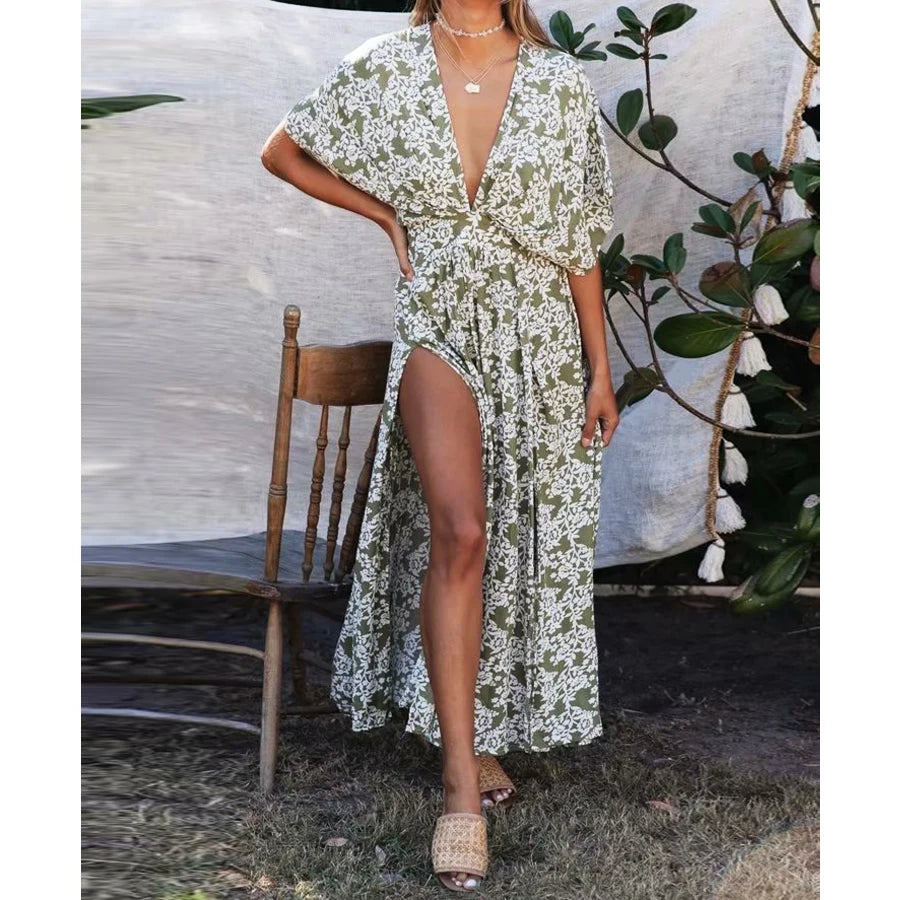 Save More When You Shop More!FashionSierra-Sexy  Deep V Neck  Maxi  Women  Vestidos  2024  Vintage Floral Print  Side Split  Summer  Beach  Casual Boho Dress