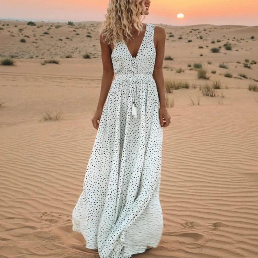 Huge Savings – Act Now!FashionSierra-Sexy  Sleeveless  Deep V Neck  Maxi  Women  Summer  Vintage  Cotton Rayon  White Polka Dot  Beach  Vestidos Boho Dress
