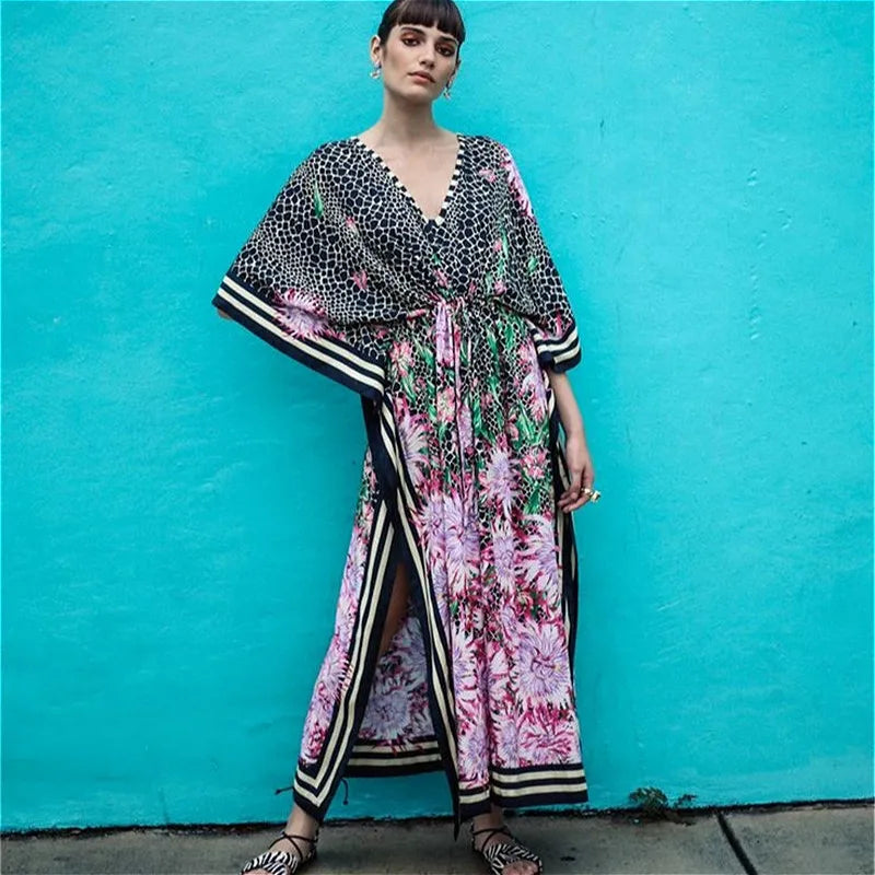 Price Drops You’ll Love!FashionSierra-Sexy  V-neck  Side Slit  Beach  Summer  Drawstring Waist  Loose  Maxi Boho Dress