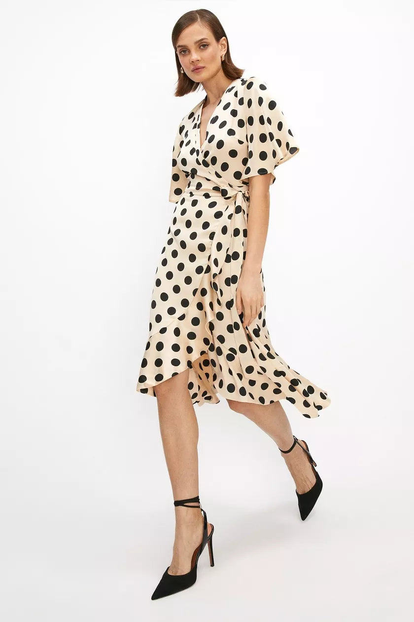 Your Exclusive Offer Awaits!Flare Sleeve Wrap Satin Midi Dress