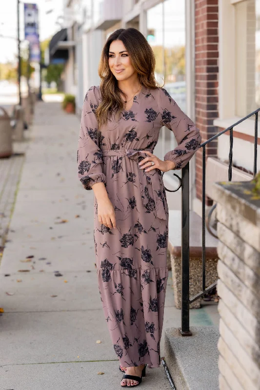 Time to Save Big!Floral Tie Waist Long Sleeve Maxi