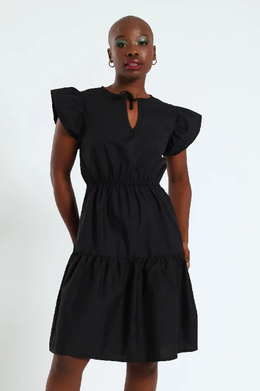 One Day Only – Huge Savings!Frill Detail Poplin Mini Dress - Black
