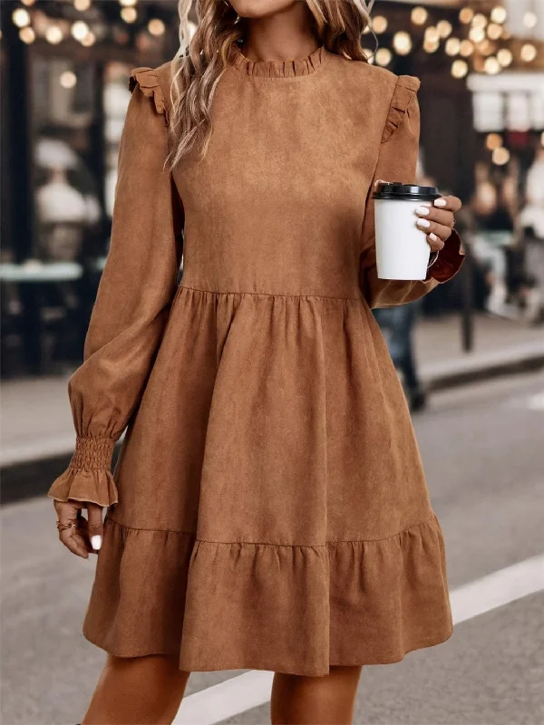 Everything Must Go!Frill Round Neck Long Sleeve Mini Dress