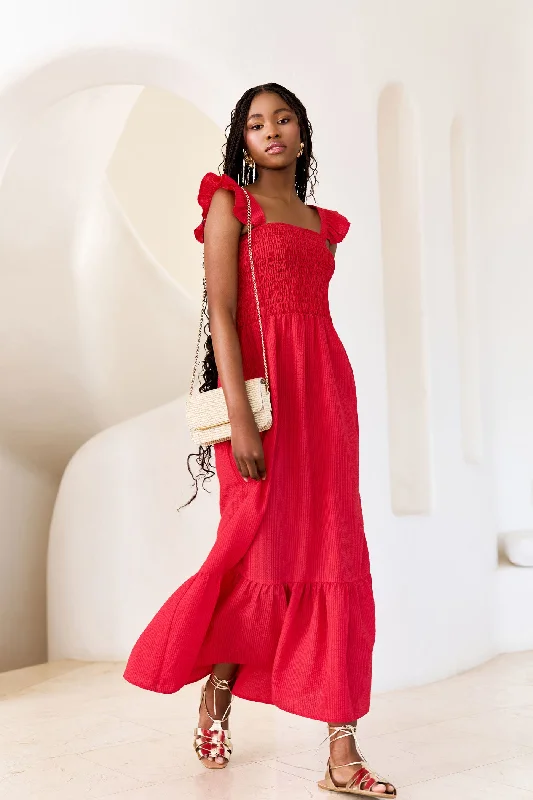 Everything Must Go!Frill Shoulder Shirred Bodice Seersucker Maxi Dress - Red