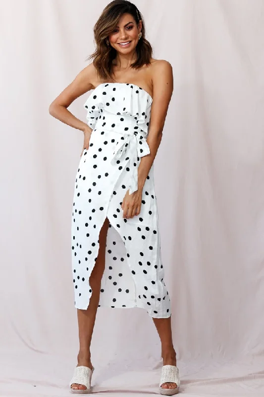 Find the Best Deals Here!Hamilton Bandeau Midi Wrap Dress Polka Dot Print White