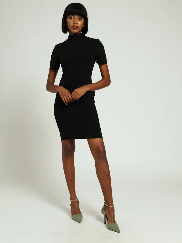The Sale You’ve Been Waiting For!Hi Neck Pocket Flap Waisted Mini Dress - Black