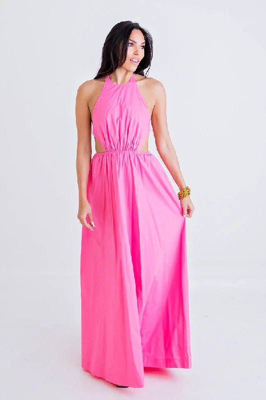Special Discounts Inside!Hot Pink Poplin Cut-Out Maxi Dress