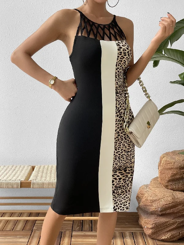 Steals and Deals Await!Leopard Color Block Cutout Sleeveless Knee-Length Dress