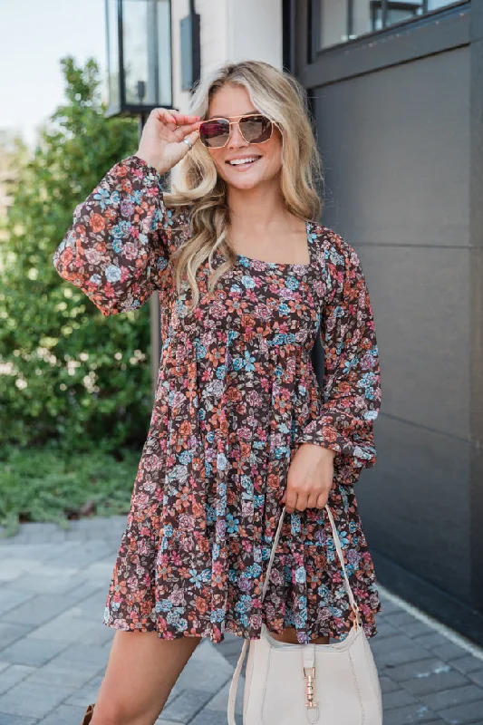 Grab Yours Before It’s Too Late!Let's Keep Going Brown Multi Square Neck Printed Long Sleeve Mini Dress