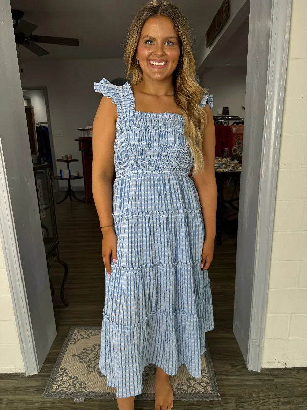 Special Offer – Act Fast!light blue gingham smocked detail midi dress