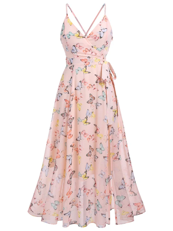 Flash Deals – Act Quickly!Light Pink Butterfly Strap Lace-up Vintage Dress