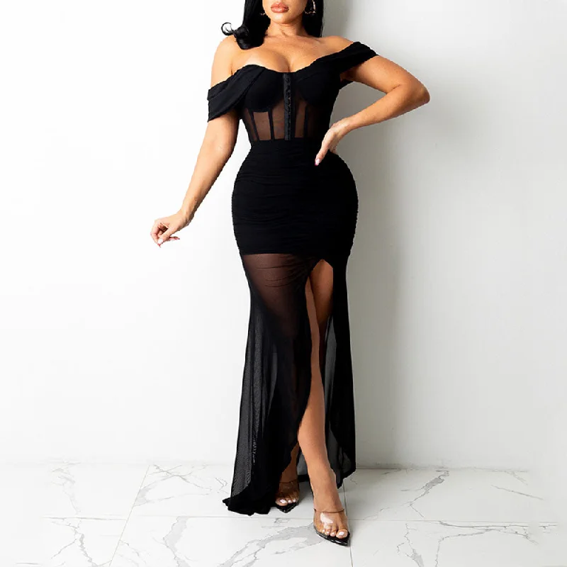 Buy More, Pay Less!MALYBGG One-Shoulder Mesh Maxi Dress for a Sexy Nightclub Look 6181LY