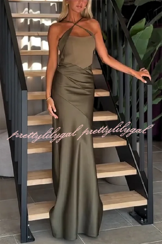 Save More Than Ever!Dreya Satin Patchwork Cross Shoulder Straps Gown Maxi Dress