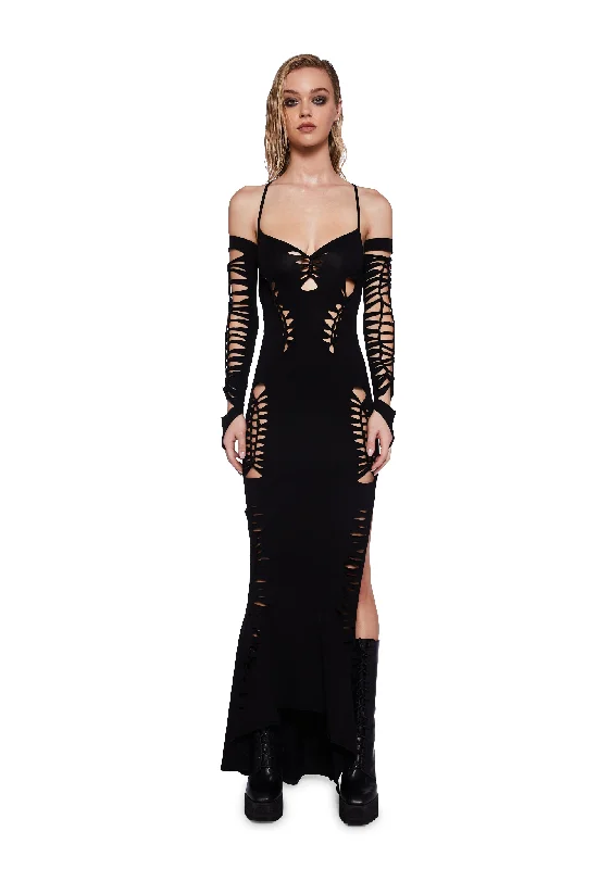 Get It Before It’s Gone!Pitch Shredded Maxi Dress And Gloves Set - Black