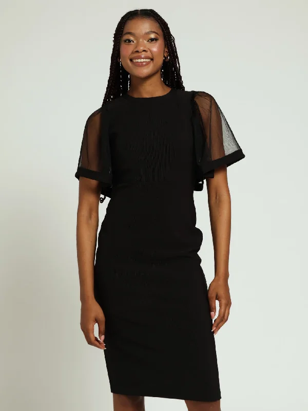 More Discounts, More Joy!Mesh Flutter Sleeve Ribbed Combo Dress - Black