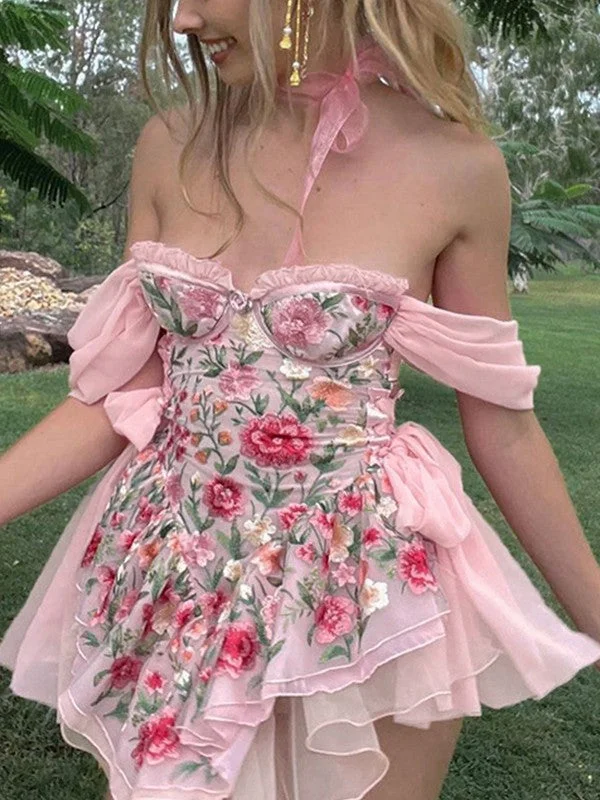 Shop More, Spend Less!Patchwork Ruffle Bardot Floral Mini Dress