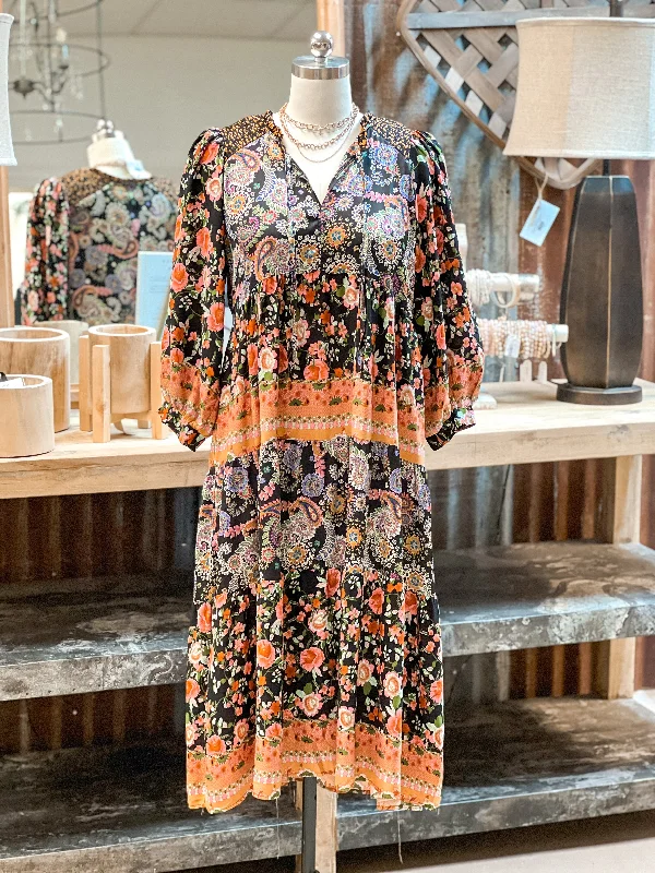 Best Offers of the Month!MIX MATCH FLORAL PRINT MIDI DRESS, BLACK