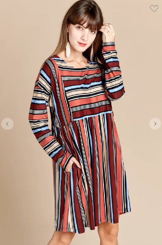 Exclusive Deals Just for You!Multi-Color Variegated Striped Babydoll Dress