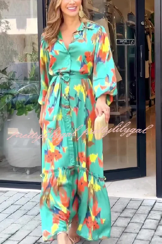 Mega Sale Happening Now!Multicolor Printed Lapel Balloon Sleeves Tie-waist Maxi Dress