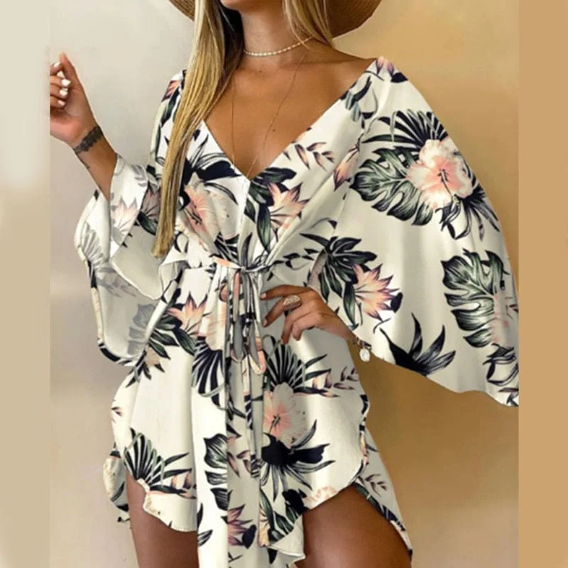 Limited Edition, Limited Price!New Summer Women Elegant Dresses Sexy V Neck Lace-up Floral Printed Mini Dress Casual Flared Sleeve Irregular Ladies Party Dress Limited Edition, Limited Price!New Summer Women Elegant Dresses Sexy V Neck Lace-up Floral Printed Mini Dress Casual Flared Sleeve Irregular Ladies Party Dress