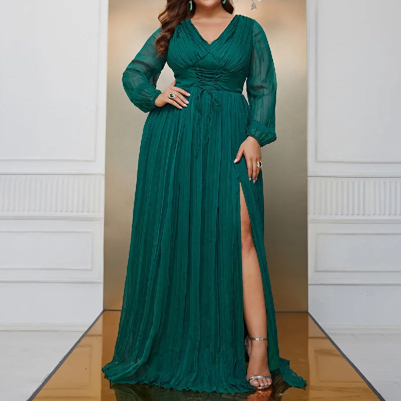 Best Deals Just for You!NiDELL European and American Large Size Dress Wholesale Supply Long Sleeve V-neck Split Dress Cinched Drawstring Maxi Dress-Fssn218 Best Deals Just for You!NiDELL European and American Large Size Dress Wholesale Supply Long Sleeve V-neck Split Dress Cinched Drawstring Maxi Dress-Fssn218