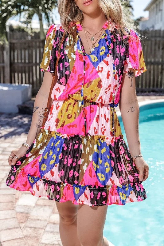 Special Discounts Inside!Out of the Woods Rose Leopard Short Sleeve Tiered Ruffle Mini Dress