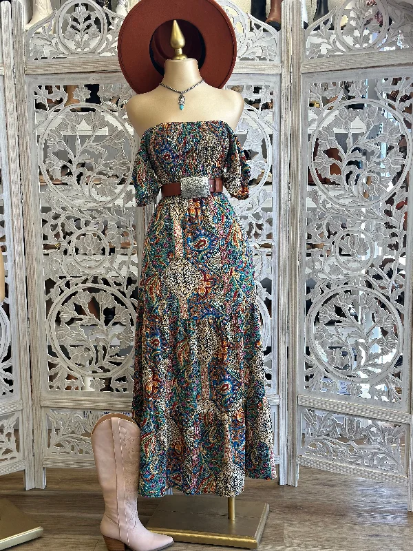 Limited Stock Available!Patterned Multicolor Smocked Midi Dress- Stretchy