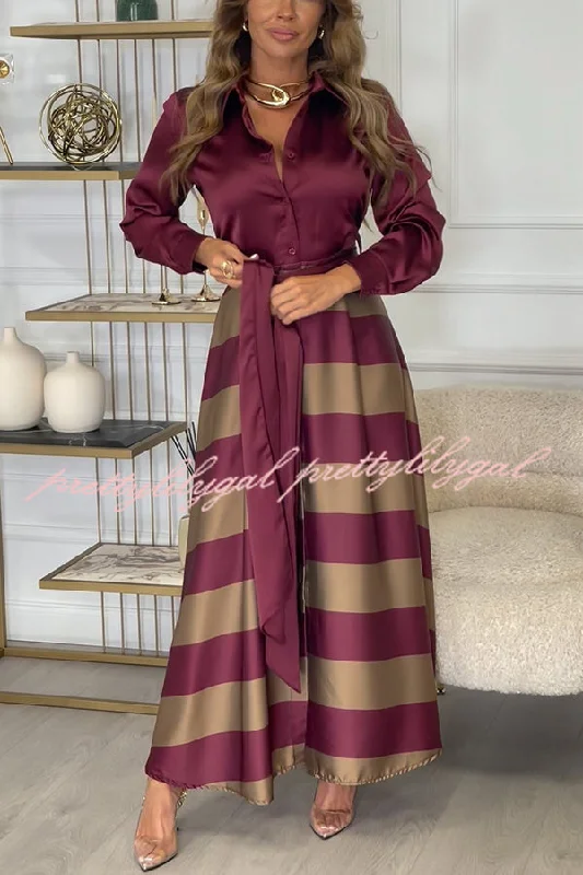 Mega Sale Happening Now!Lindsey Satin Colorblock Contrast Long Sleeve Belted Shirt Maxi Dress Mega Sale Happening Now!Lindsey Satin Colorblock Contrast Long Sleeve Belted Shirt Maxi Dress