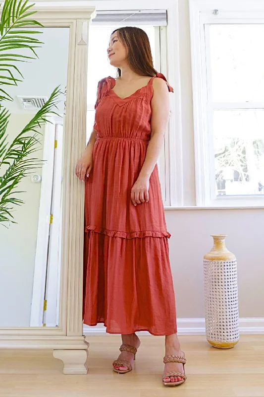 Buy One, Get One Free!Petite Self Tie Shoulder A line Maxi Dress (Brick)