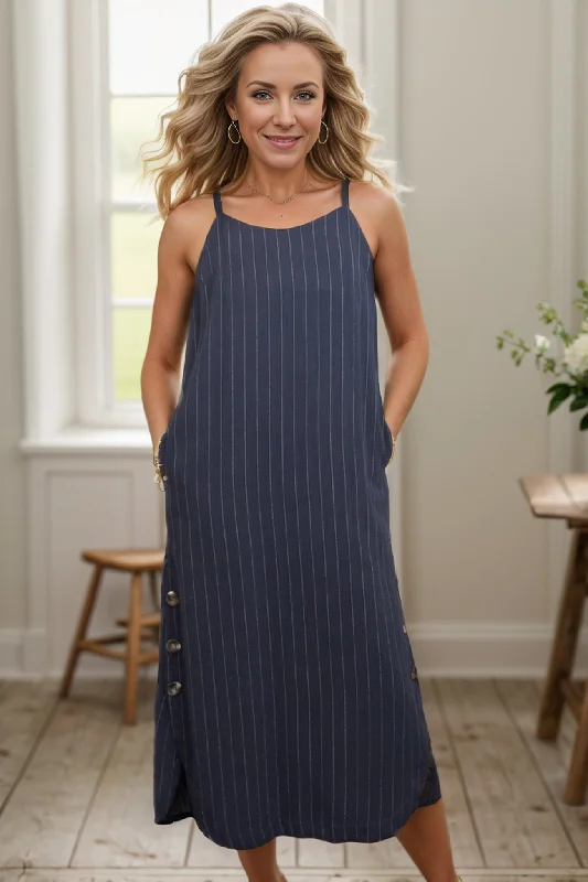 Save Like Never Before!Pinstriped Navy Dress