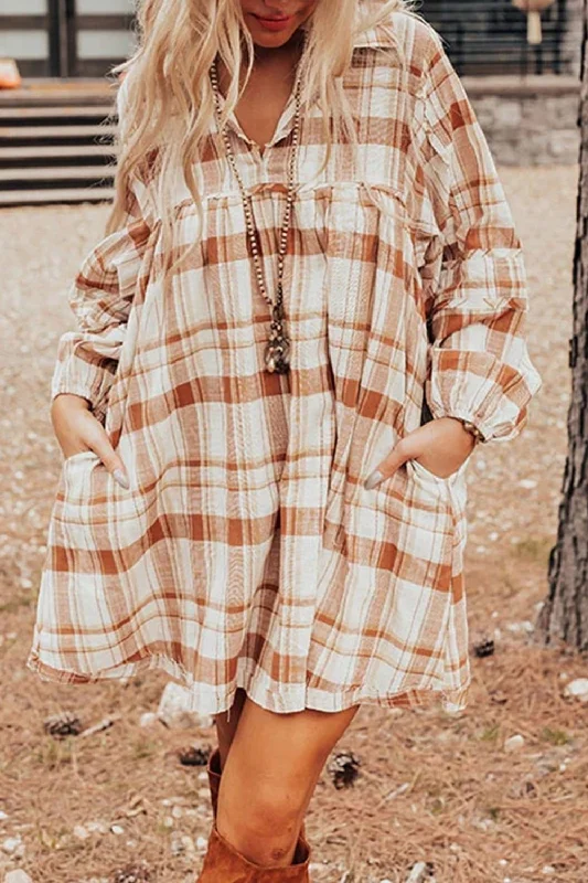 Buy More, Save More!Plaid Collared Neck Long Sleeve Mini Shirt Dress