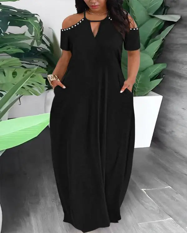 Best Offers of the Month!Plus Size Cold Shoulder Pearls Decor Maxi Dress