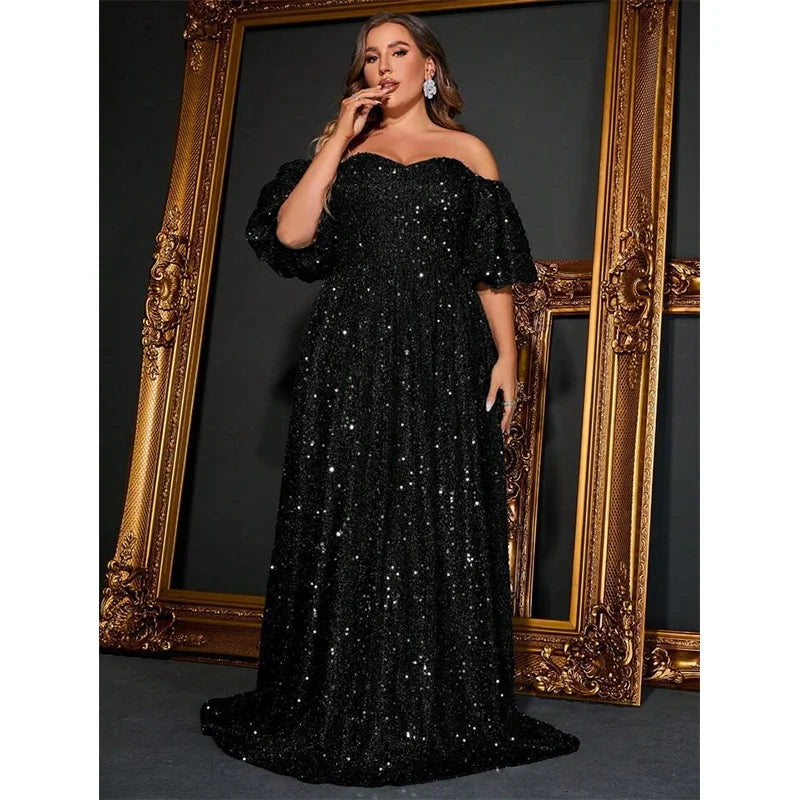 Best Price of the Season!Plus Size Off Shoulder Silver Sequined Evening Dress